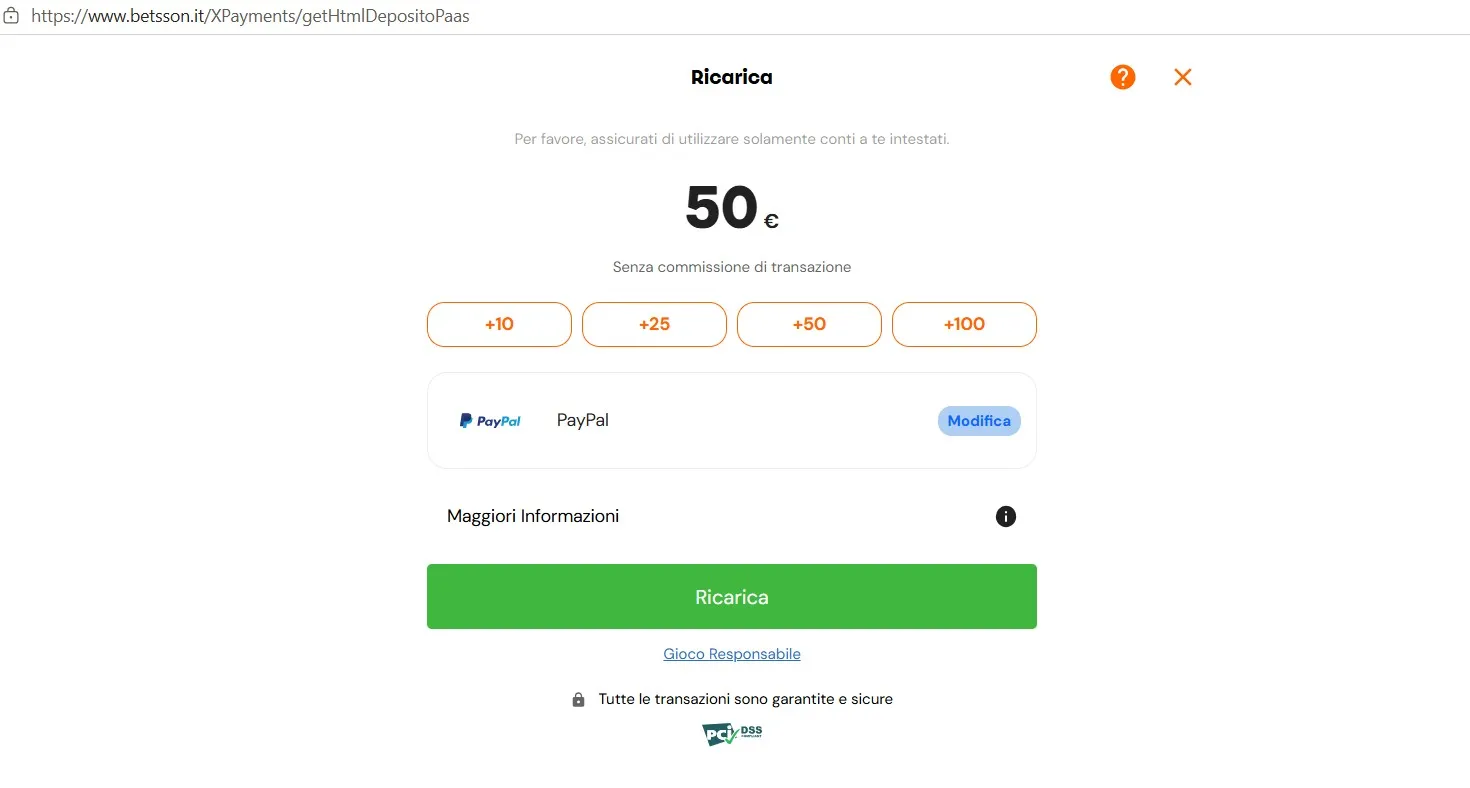Schermata del deposito con PayPal su Betsson bookmaker