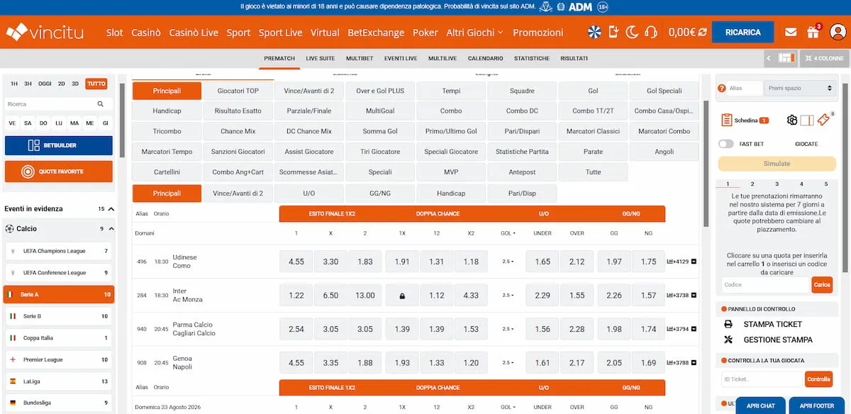 La sezione scommesse di Vincitu