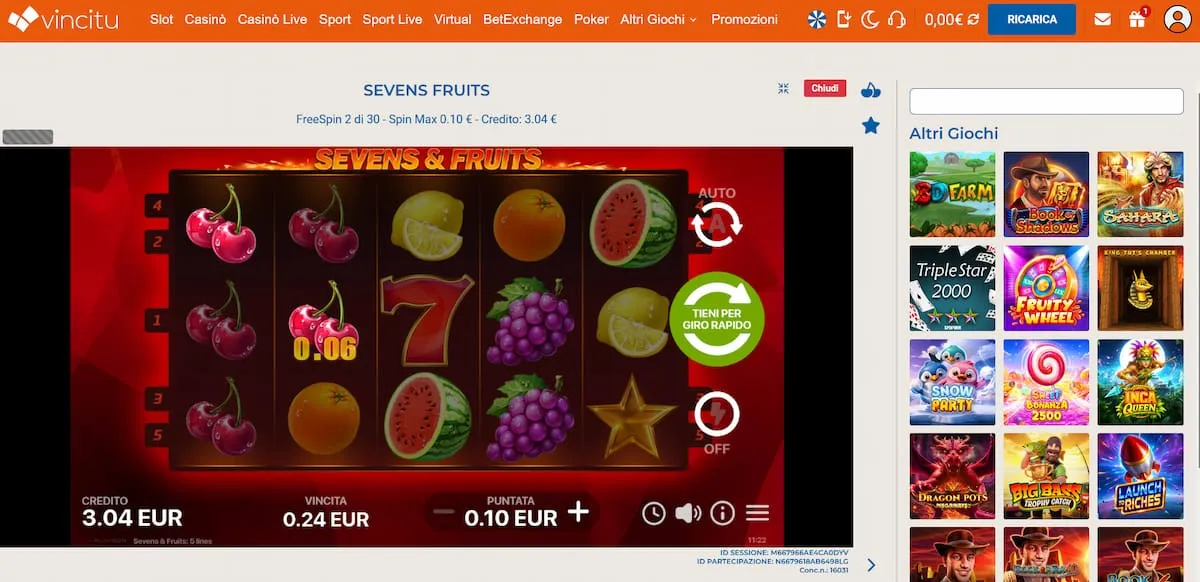 La slot Sevens & Fruits su Vincitu