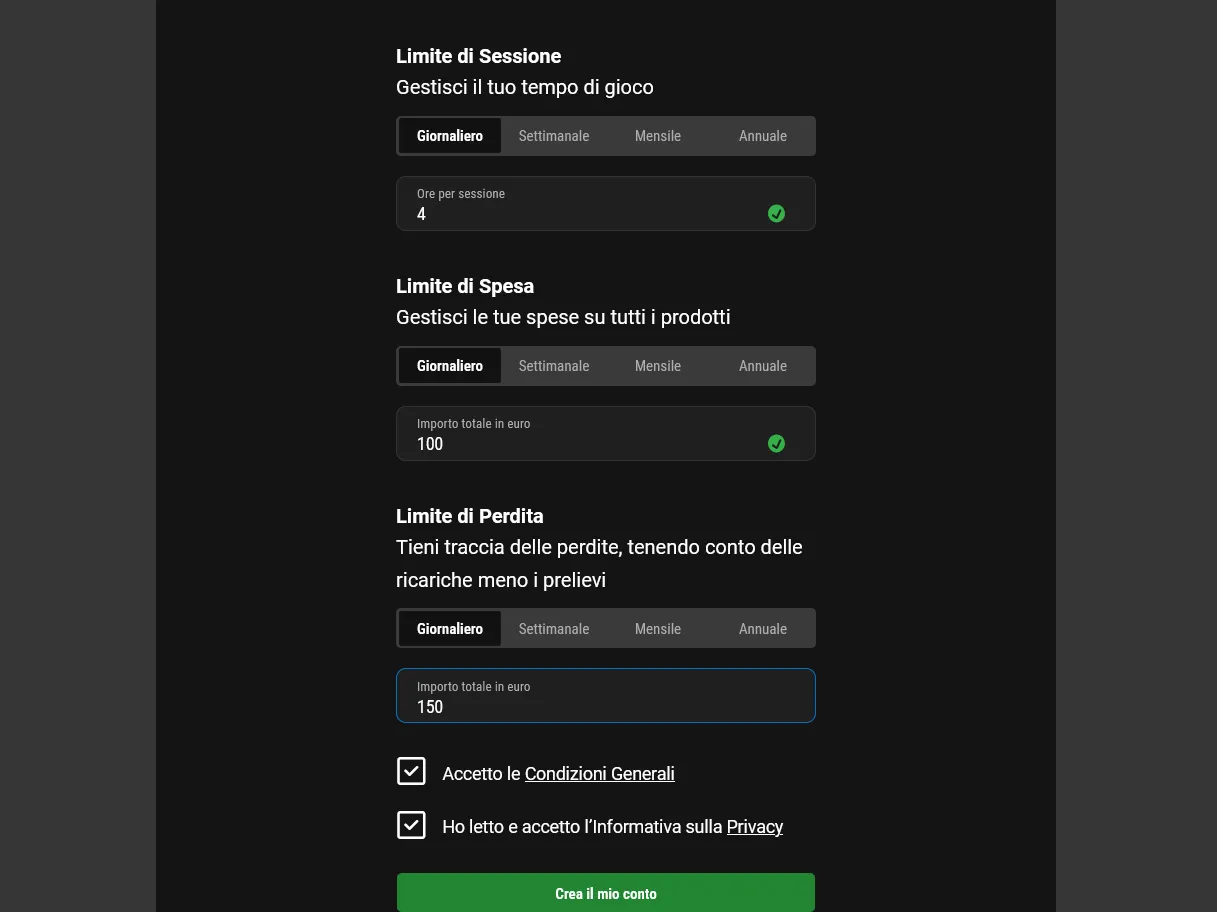 I limiti da impostare durante la registrazione bwin