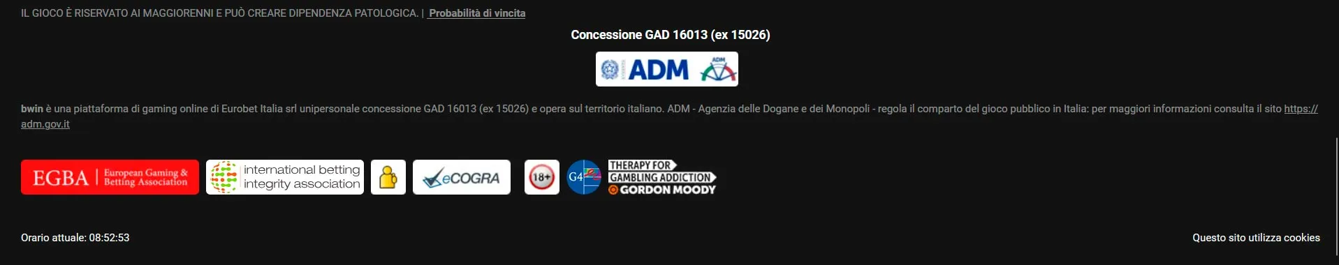 I loghi di sicurezza e gioco responsabile nel footer di bwin